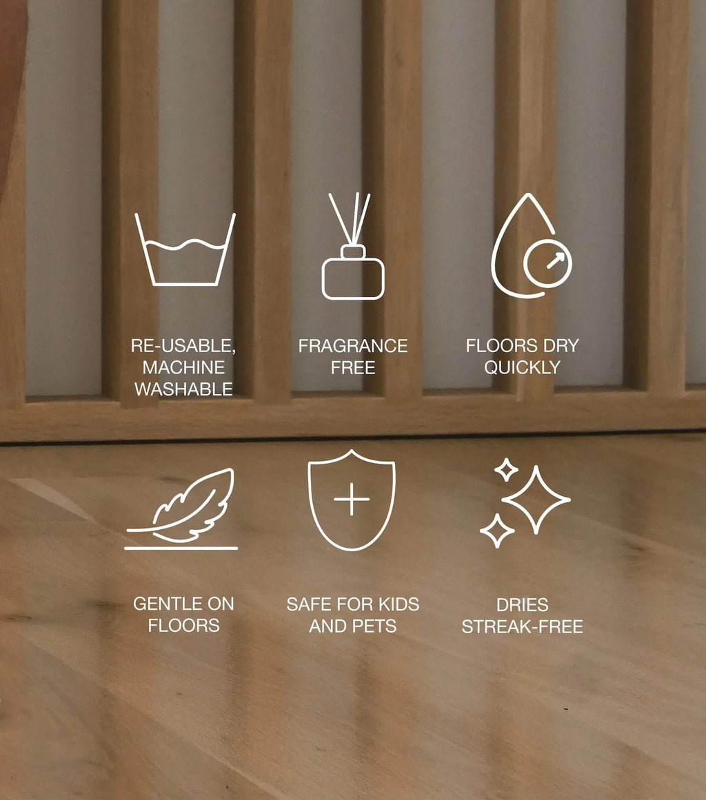 Wooden floor with icons and text highlighting features like re-usability, machine washability, fragrance-free, quick drying, gentle on floors, safe for kids and pets, and streak-free.
